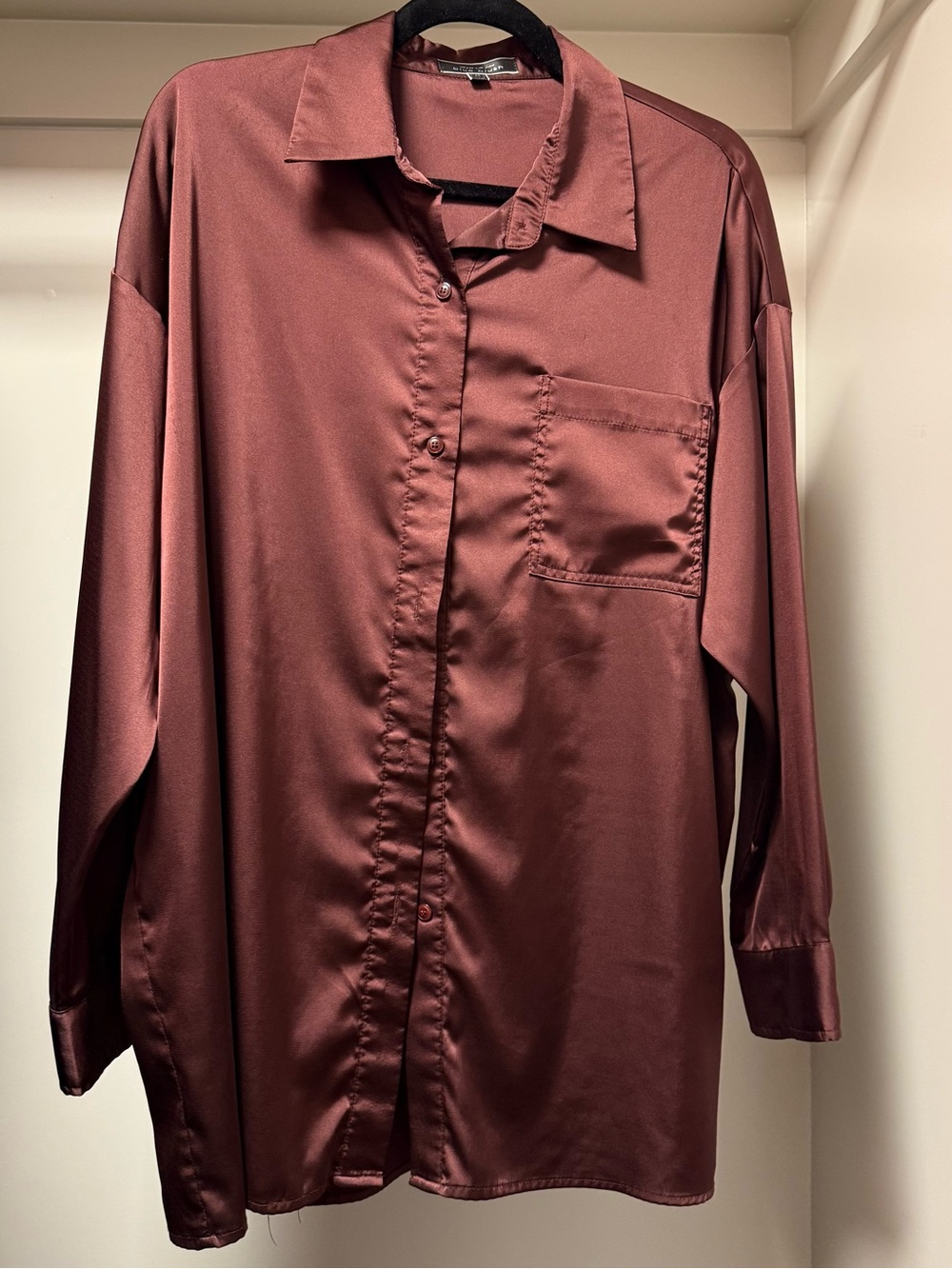 Satin Button-Up Shirt in Deep Brown